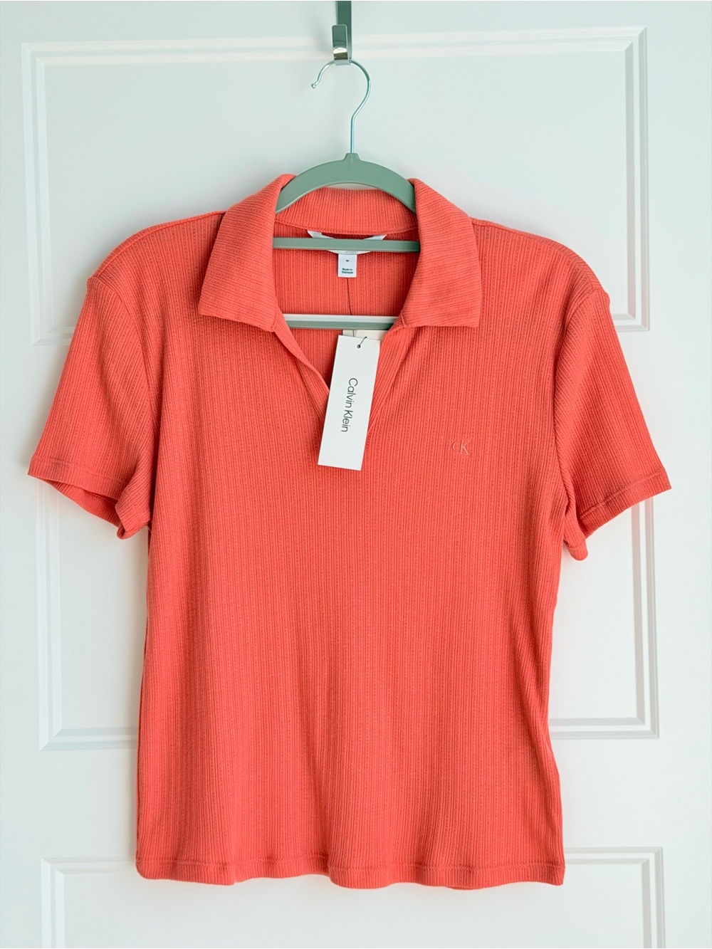 Calvin Klein Coral Ribbed Polo Knit Top Bright yellow short-sleeve tee by Tommy